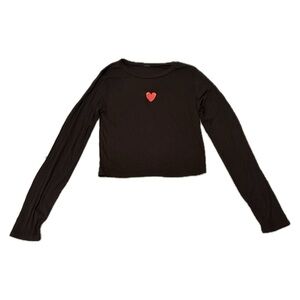 Black Long Sleeve Crop Top with Red Heart